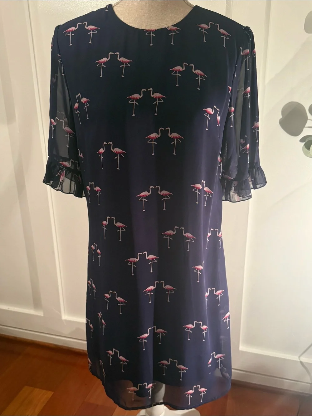 Navy Midi Dress with Pink Flamingo Print Small